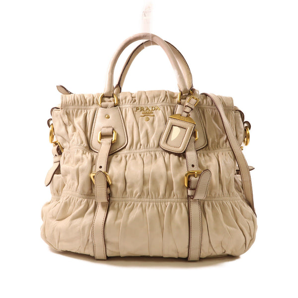 PRADA GHW 2 Way Shoulder Bag Handbag Lambskin Leather Beige