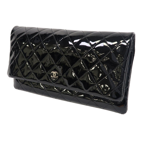 CHANEL Quilted CC SHW Clutch Bag Pouch Patent Leather Black
