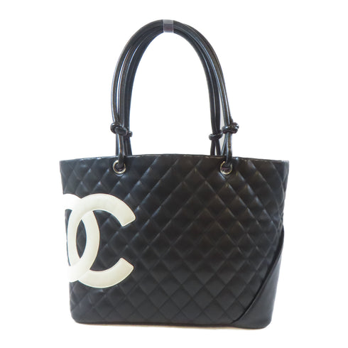 CHANEL Quilted CC SHW Cambon Tote Bag Shoulder Handbag Calfskin Leather Black