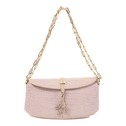 Valentino GHW Chain Shoulder Bag Embossed Calfskin Leather Light Purple