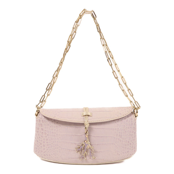 Valentino GHW Chain Shoulder Bag Embossed Calfskin Leather Light Purple