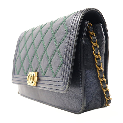 CHANEL CC GHW WOC Wallet On Chain Shoulder Bag Lambskin Leather Navy/Green